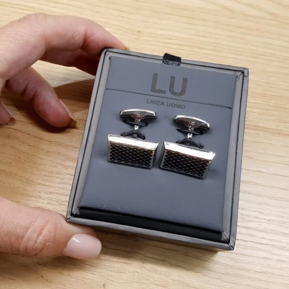LINEA UOMO Mens Silver Rectangle Cufflinks Textured Grid Cuff Links